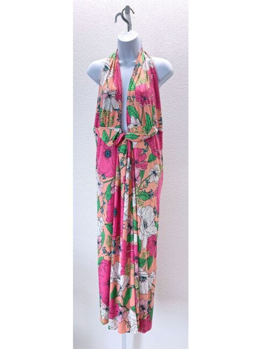 AFRM Pink Peach Floral Halter Tie Waist Open Back Maxi Dress Women Size XL